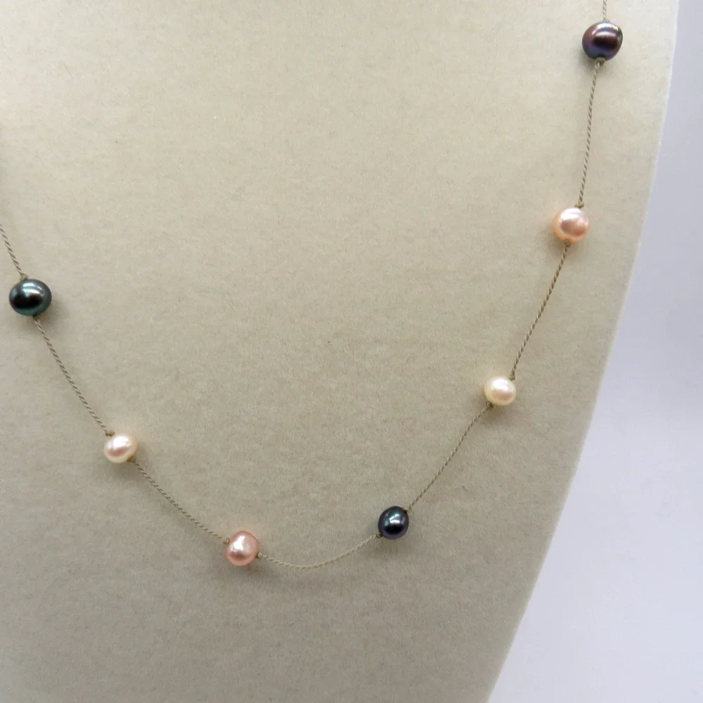 Multicolor Pearl Tin Cup Station Necklace 16 Inch Peacock Black Pink White